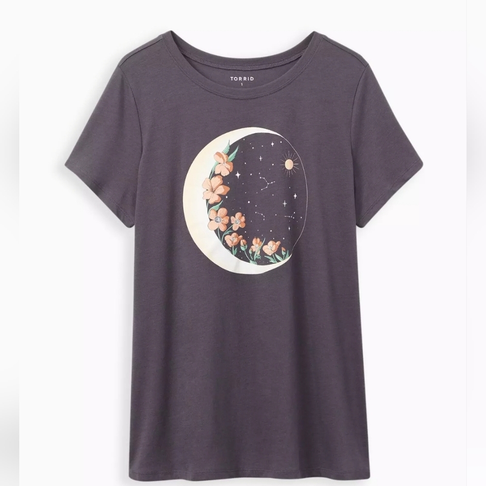 Torrid Charcoal Tee with Moon and Floral Print Classic Fit Size 2